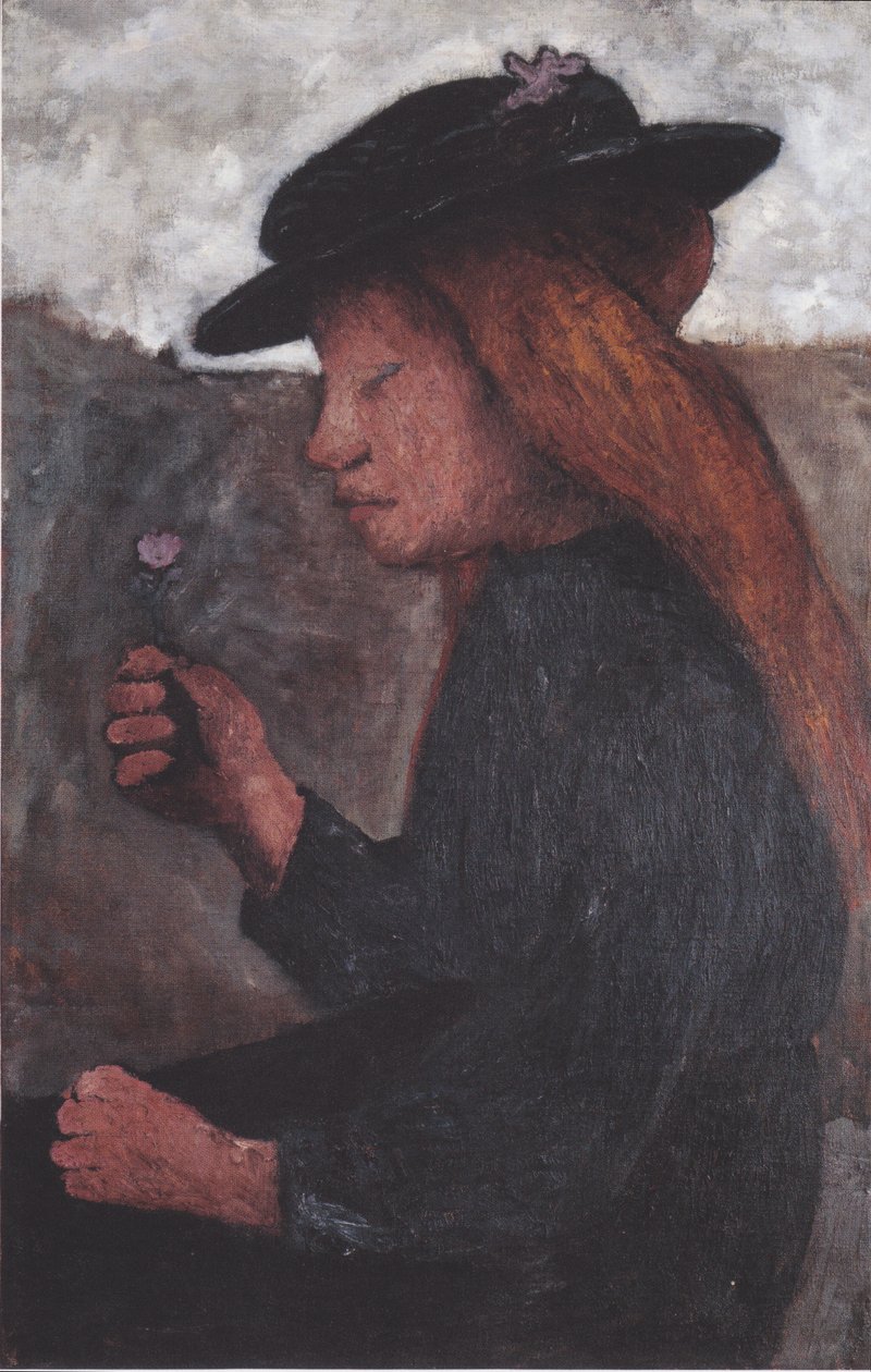 Zittend meisje met zwarte hoed en bloem in de rechterhand door Paula Modersohn Becker