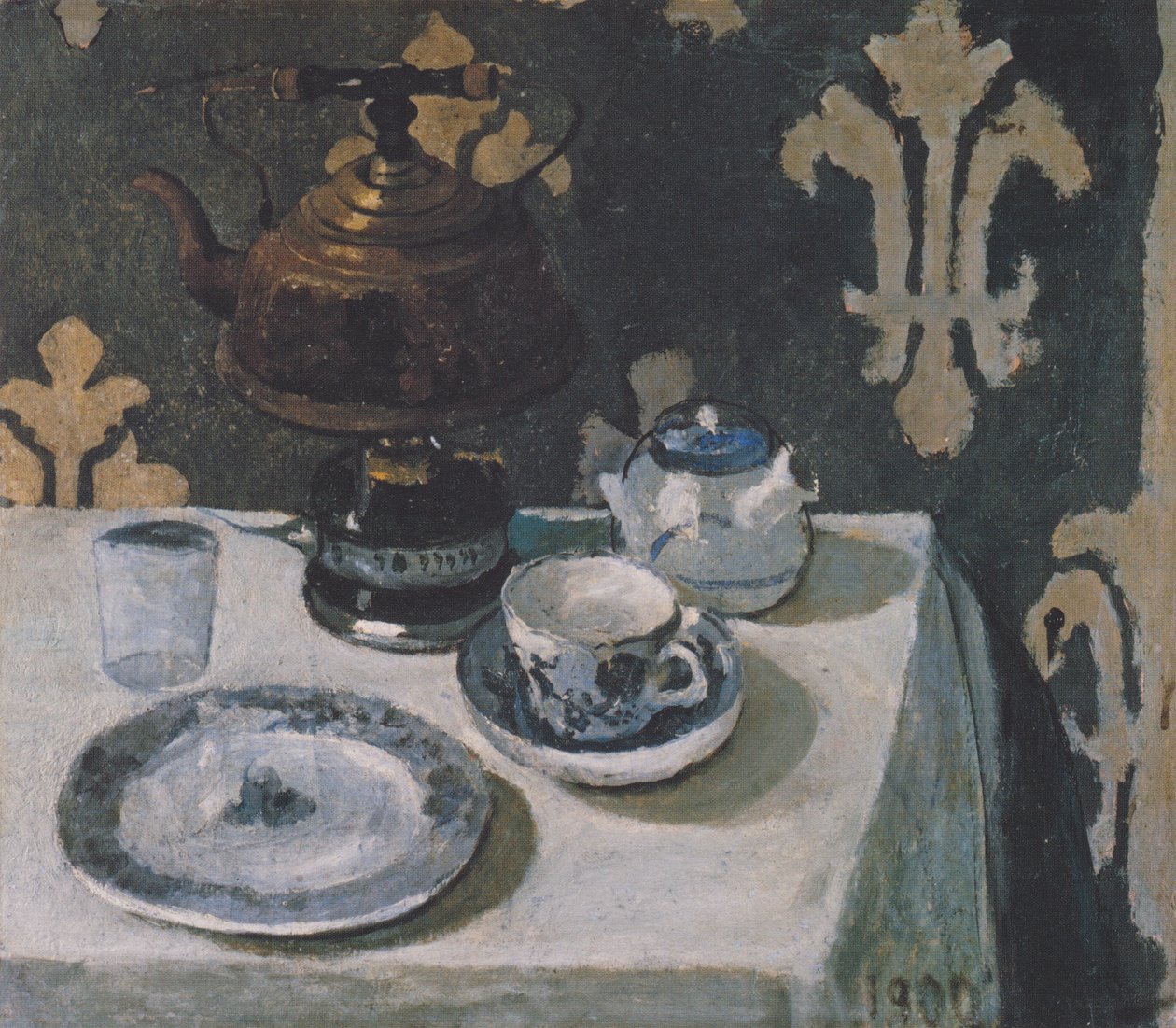 Stilleven met blauw-wit porselein en theeketel door Paula Modersohn Becker