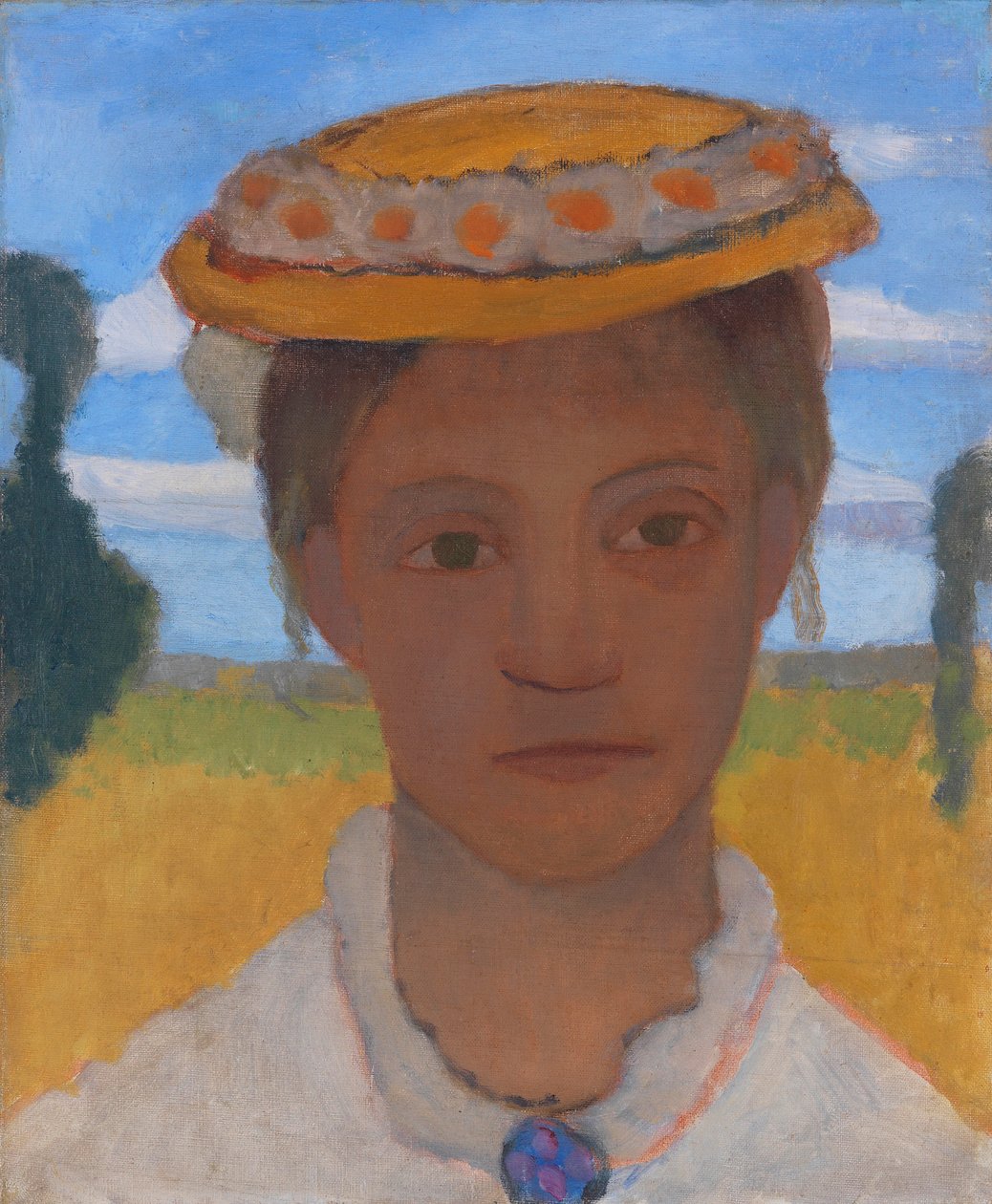 De Zus van de Kunstenaar Herma met een Krans van Madeliefjes op haar Hoed door Paula Modersohn Becker