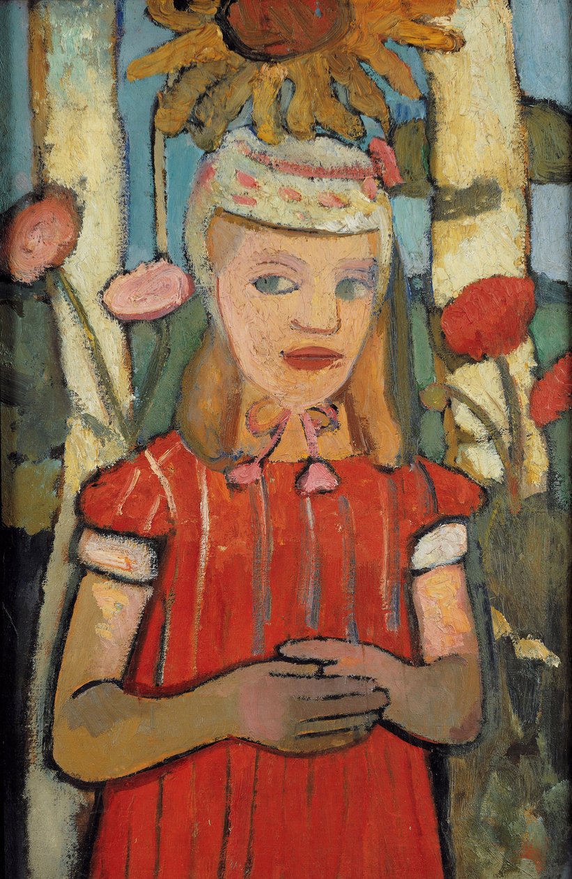 Meisje in rode jurk voor zonnebloem, 1907 door Paula Modersohn Becker