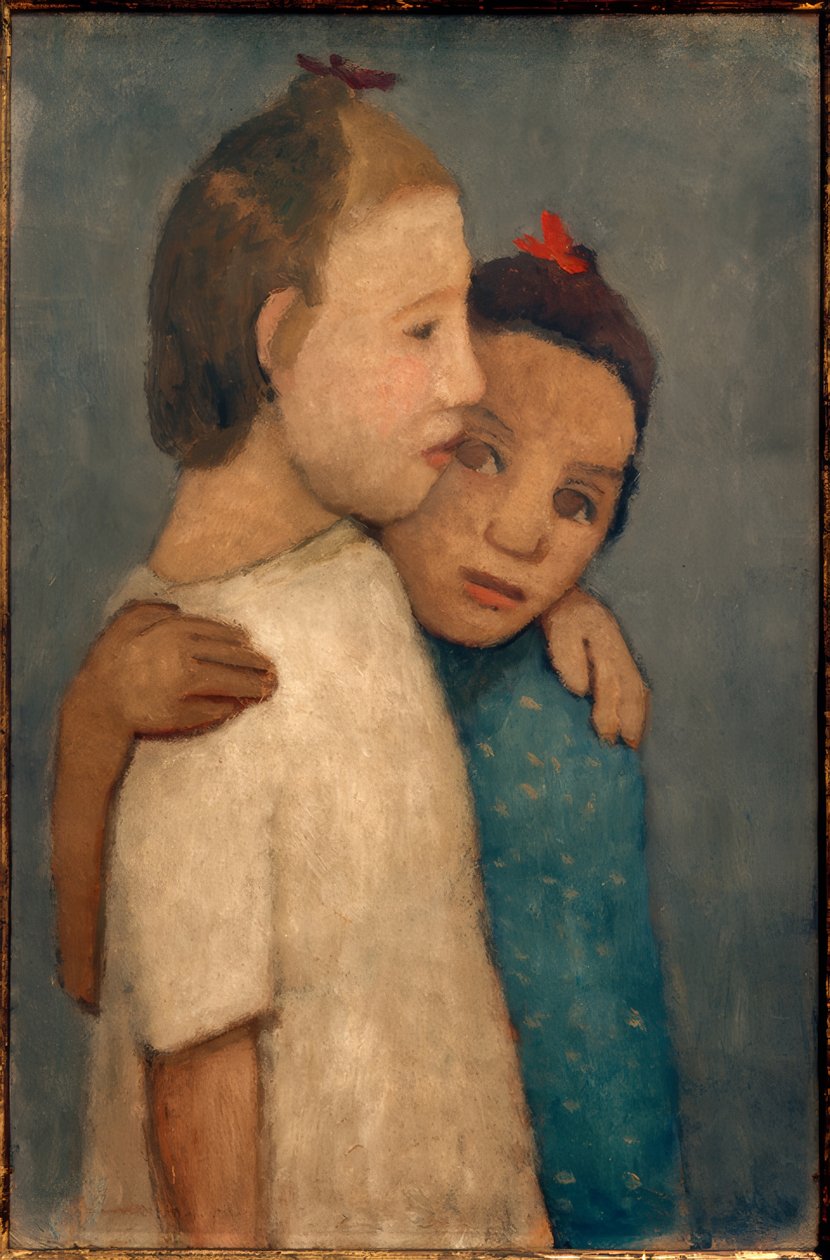 Twee meisjes in witte en blauwe jurk, leunend op de schutting door Paula Modersohn Becker