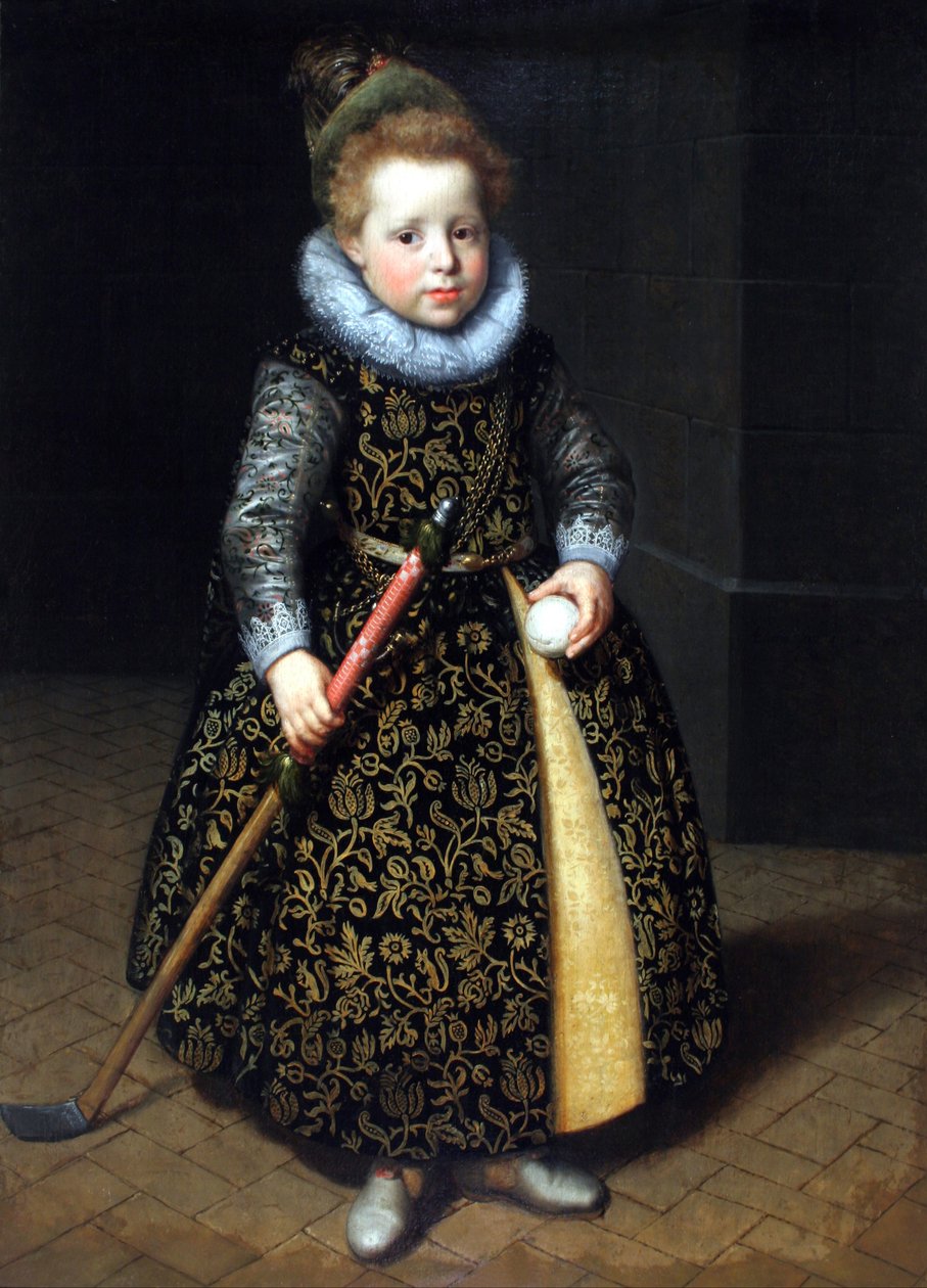 Portret van een vierjarige jongen met een knuppel en bal door Paulus Moreelse