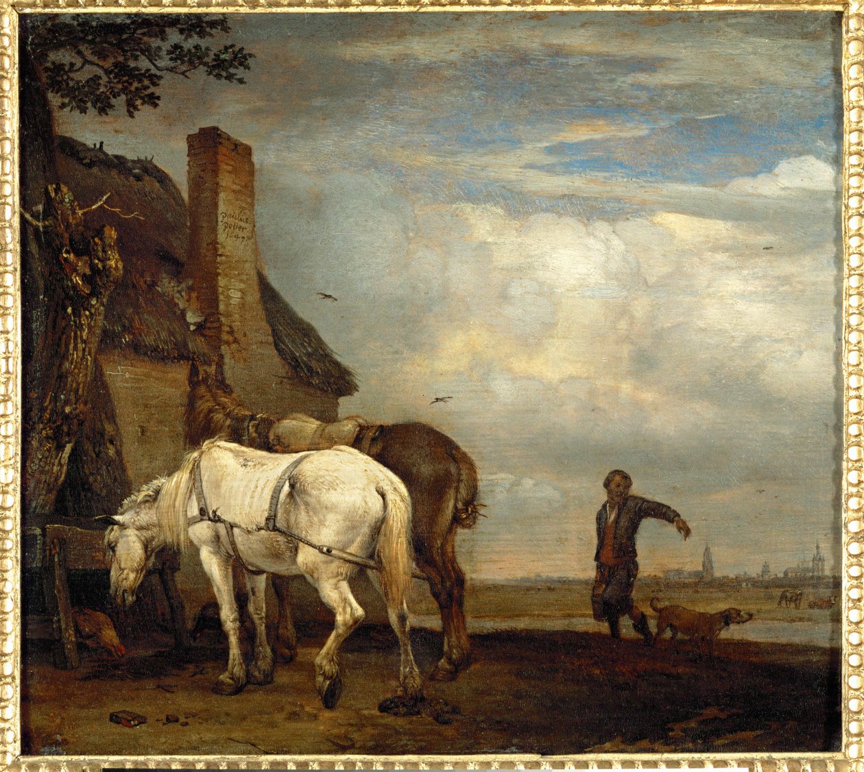 Twee werkpaarden voor een boerderij ... door Paulus (attr.to) Potter