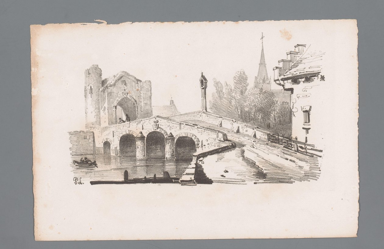 Gezicht op een brug met poort, op de achtergrond een kerk door Paulus Lauters