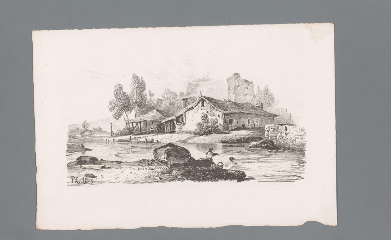 Gezicht op een huis gelegen aan een rivier door Paulus Lauters