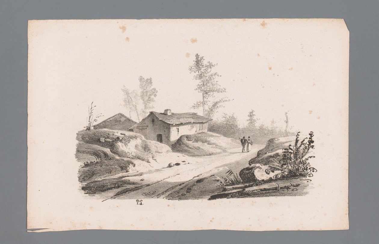 Heuvellandschap met landweg en huizen (Beginselen van landschappen) door Paulus Lauters