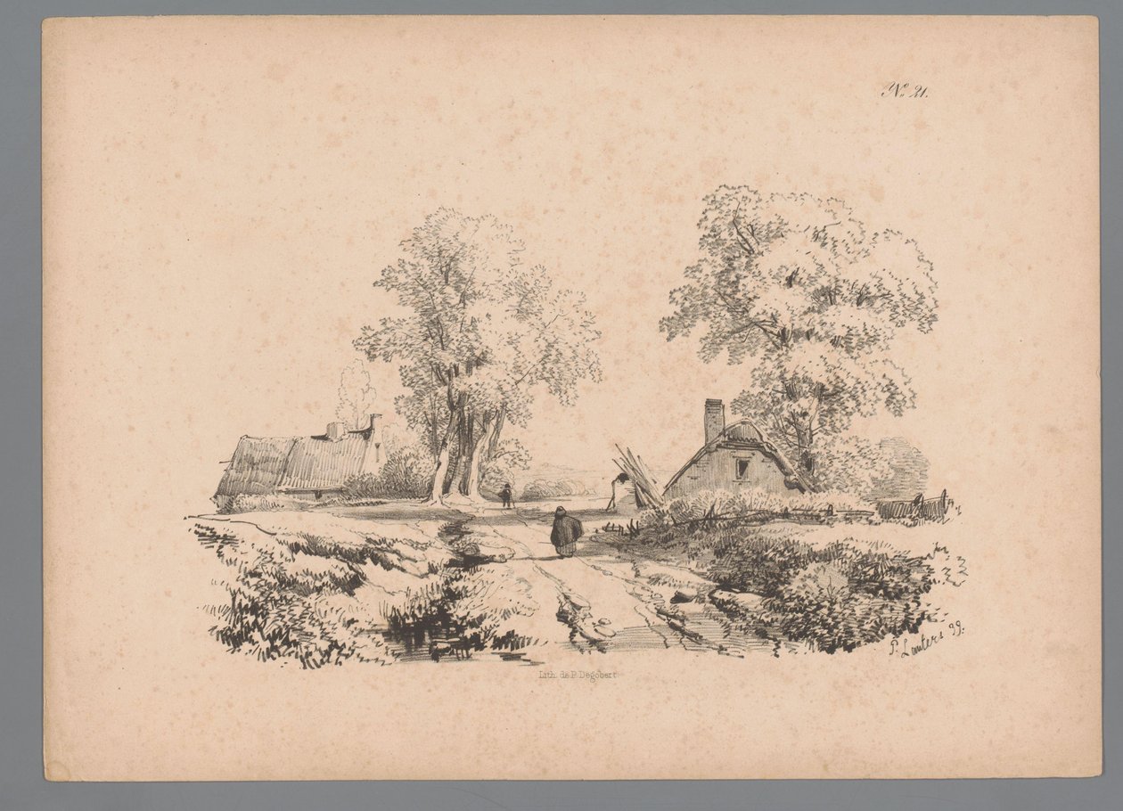 Landschap met twee huizen en twee figuren op een weg door Paulus Lauters
