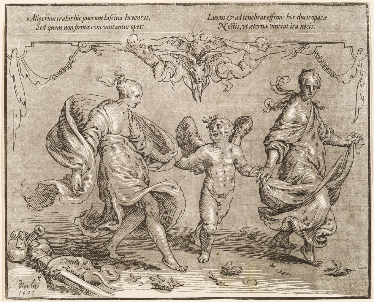 Cupido Danst met Twee Allegorische Vrouwen door Paulus Moreelse