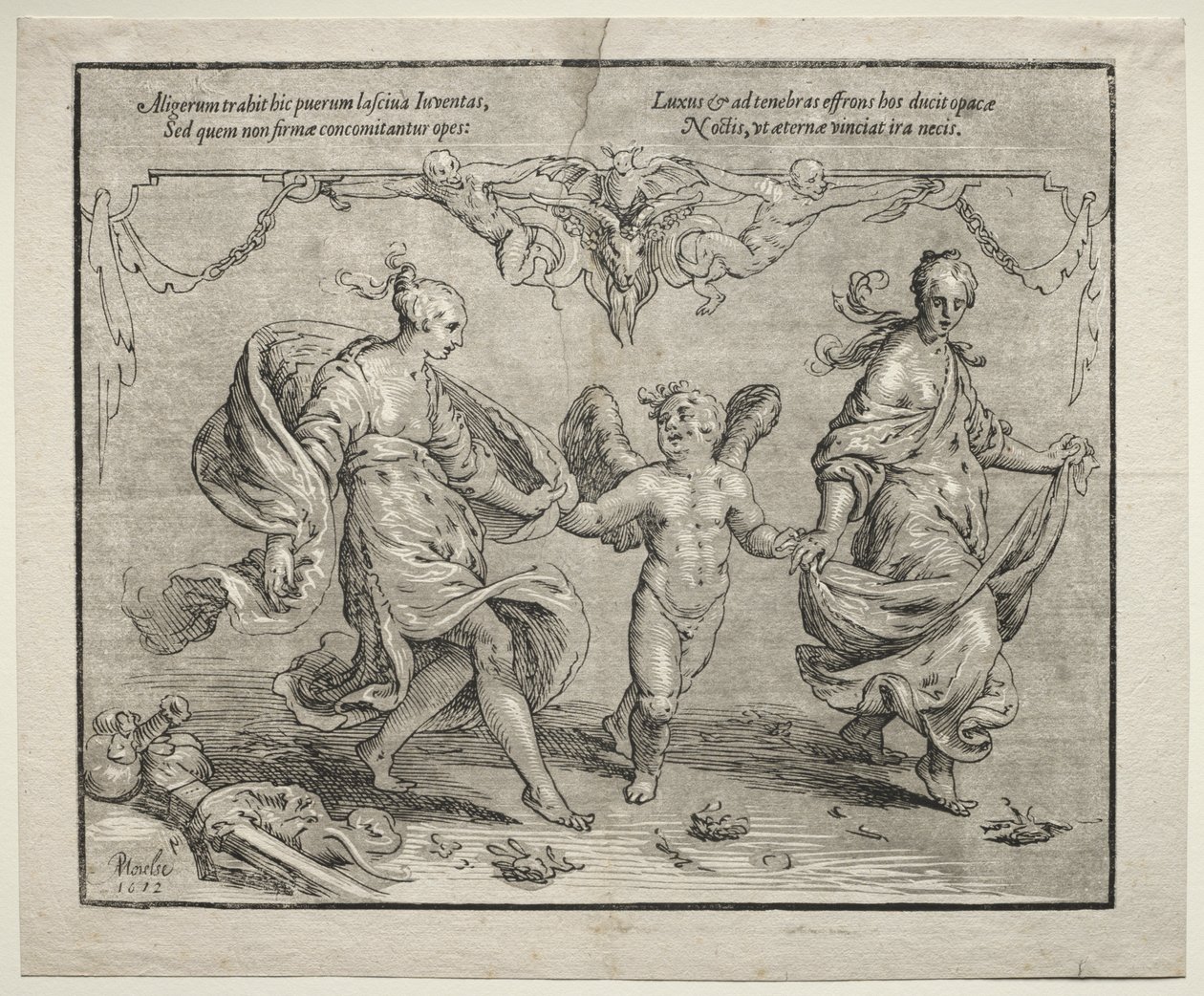 Cupido dansend met twee allegorische vrouwen door Paulus Moreelse