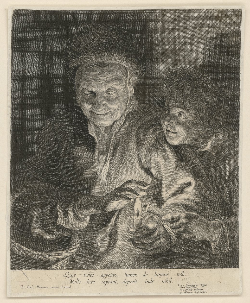Oude vrouw en jongen met kaars door Paulus Pontius