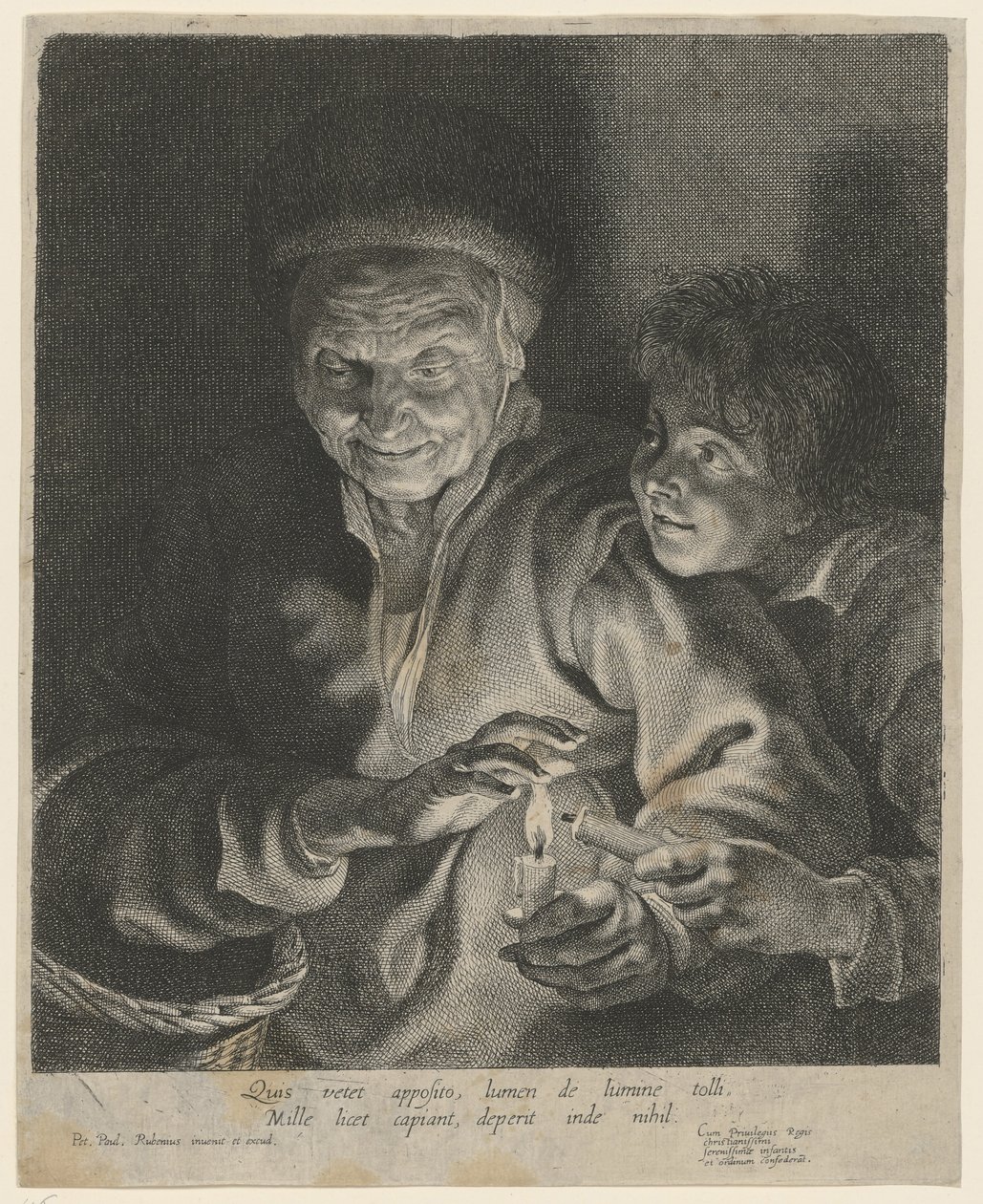 Oude vrouw en jongen met een kaars door Paulus Pontius