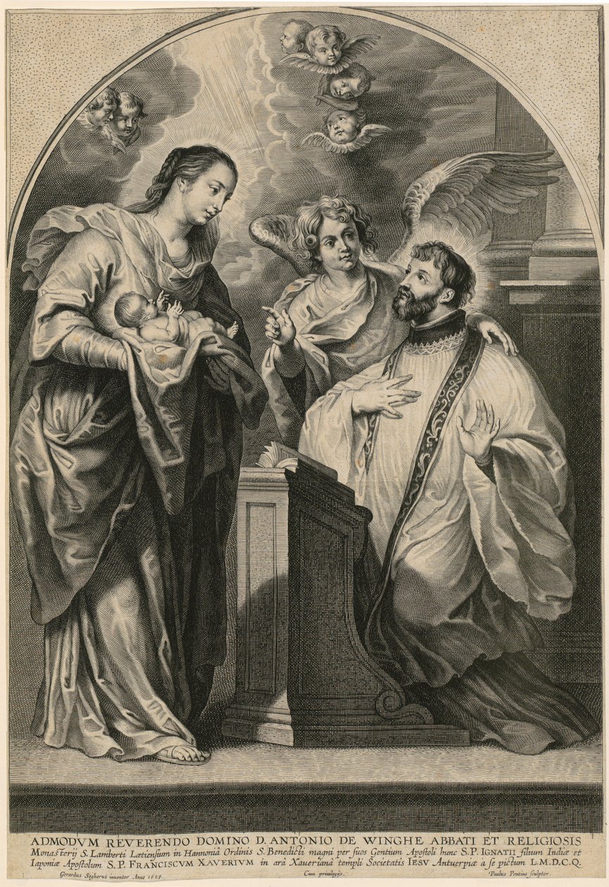 Madonna met Kind verschijnt aan de knielende heilige Franciscus Xaverius door Paulus Pontius