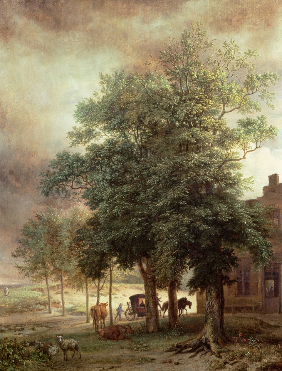 Landschap met koets of huis achter de bomen door Paulus Potter