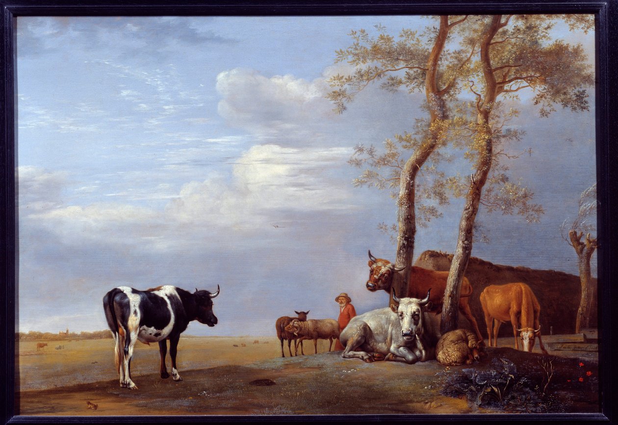 Landschap met boer en dieren door Paulus Potter