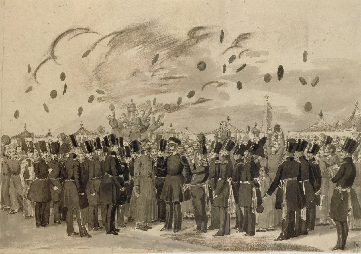 Grootvorst Mikhail Pavlovich bezoekt het kamp van het Life-Guard Finland Regiment op 8 juli 1837, 1837 door Pavel Andreevich Fedotov
