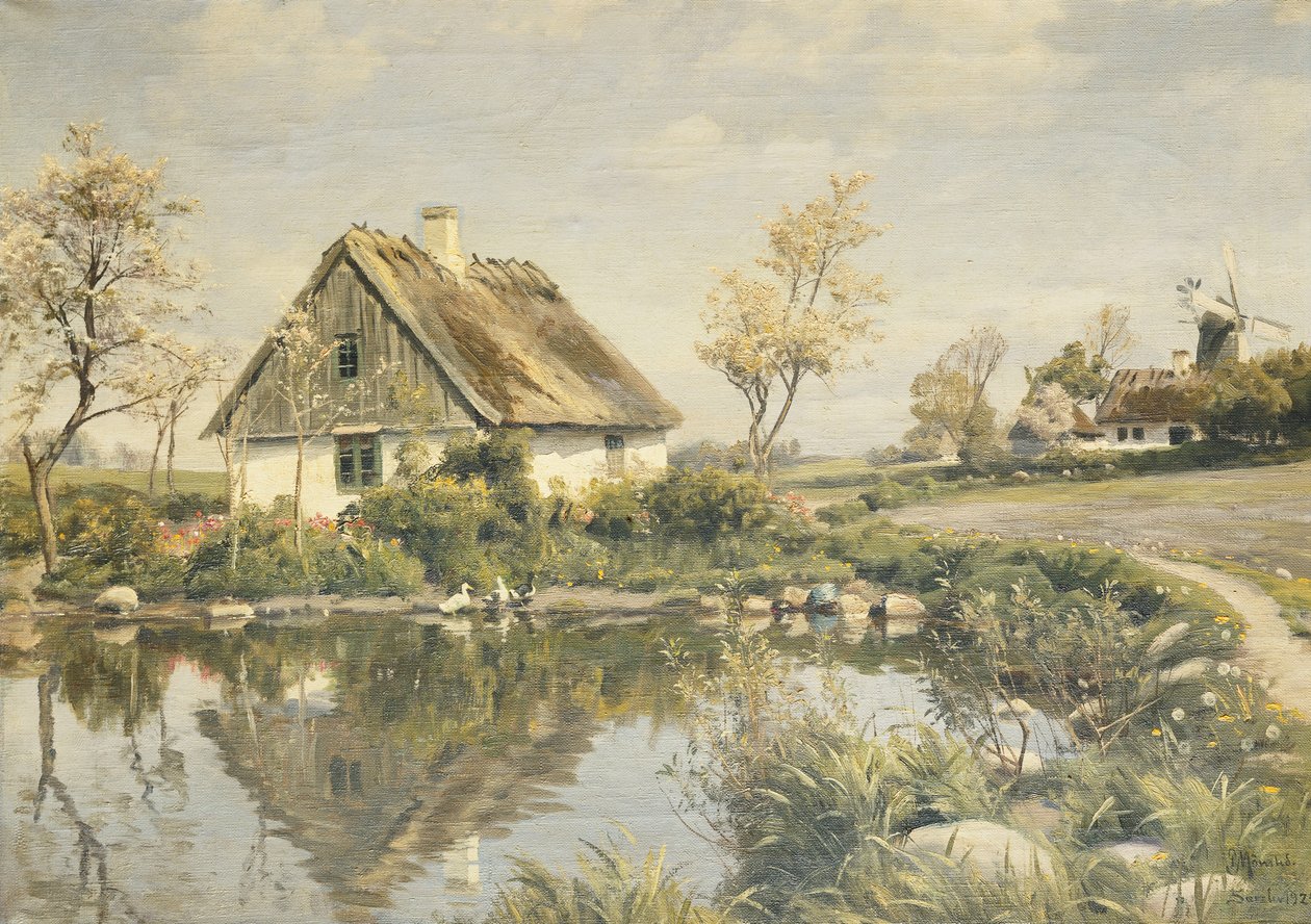 Een huisje bij een vijver door Peder Monsted