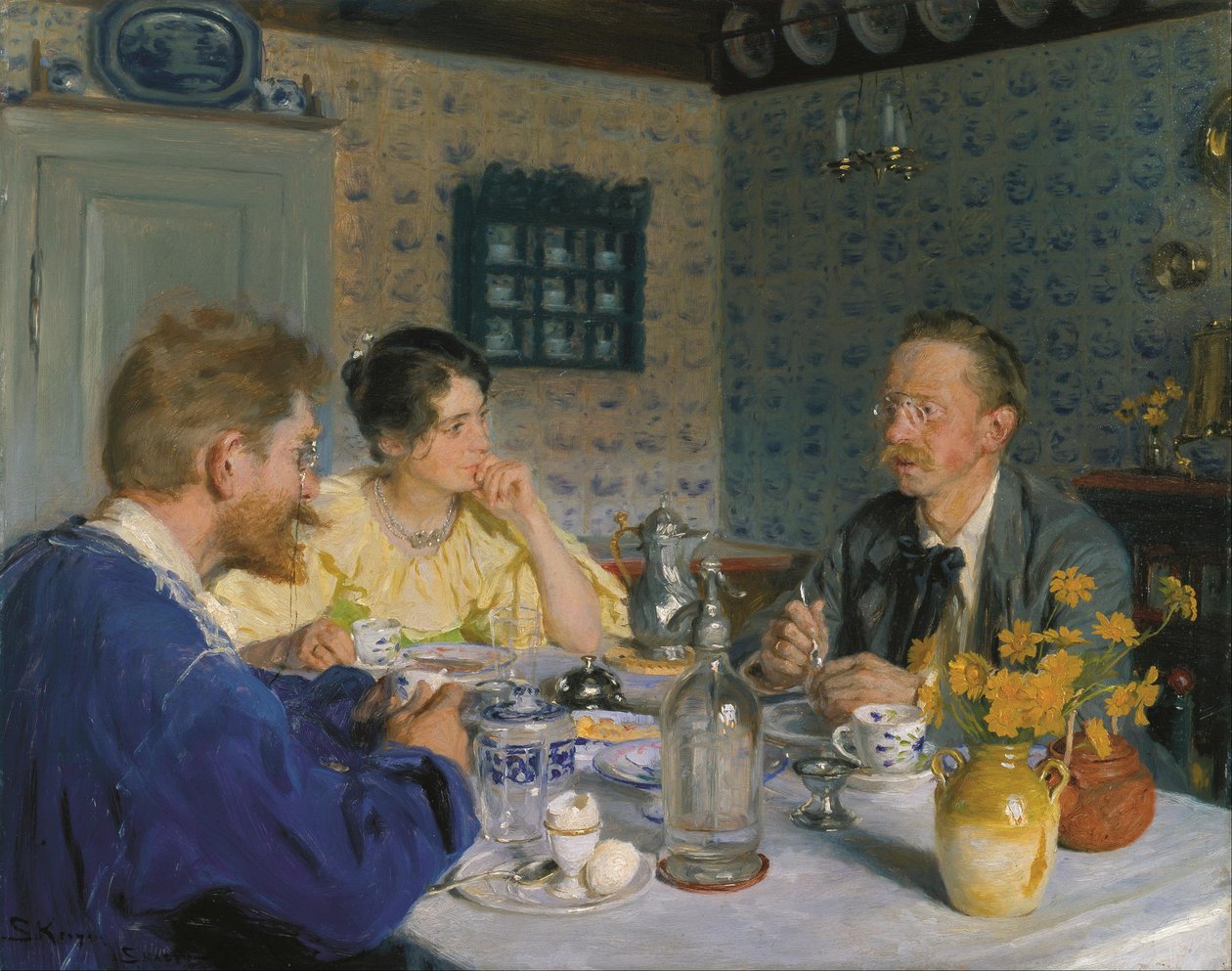 Een ontbijt. De kunstenaar, zijn vrouw en de schrijver Otto Benzon. door Peder Severin Krøyer