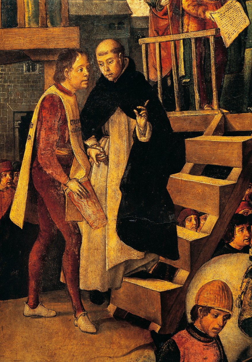 Veroordeelde man gaat naar de rechtbank van de Inquisitie, detail van Autodafe voorgezeten door San Domenico Guzman door Pedro Berruguete door Pedro Berruguete