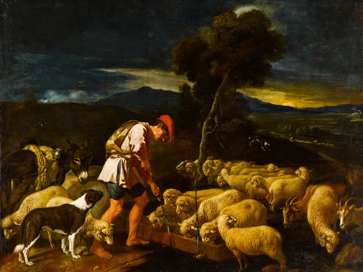 Jacob geeft Labans schapen water voor gepelde takken, ca. 1612-1622 door Pedro Orrente