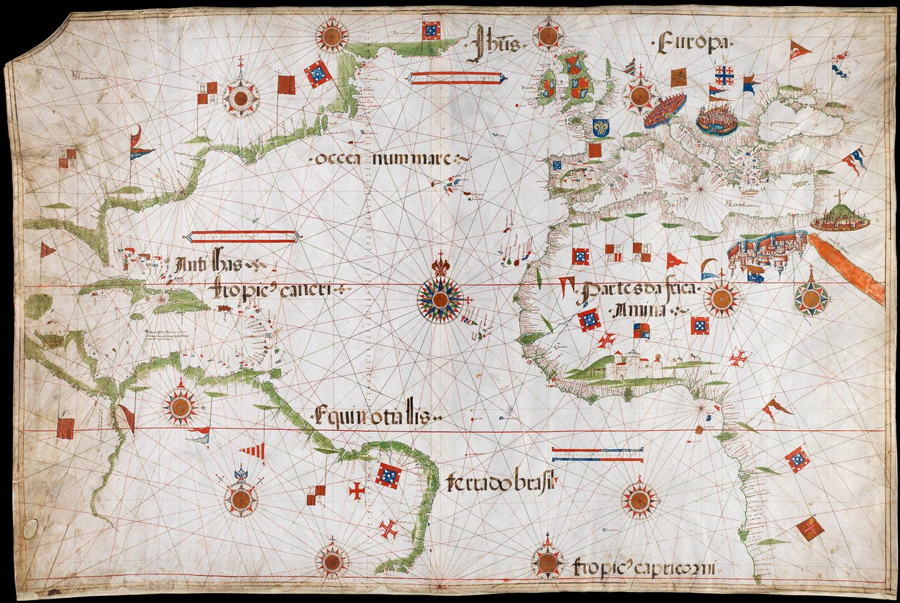 Kaart van de Atlantische Oceaan, Middellandse Zee en Zwarte Zee, c.1535 door Pedro Reinel