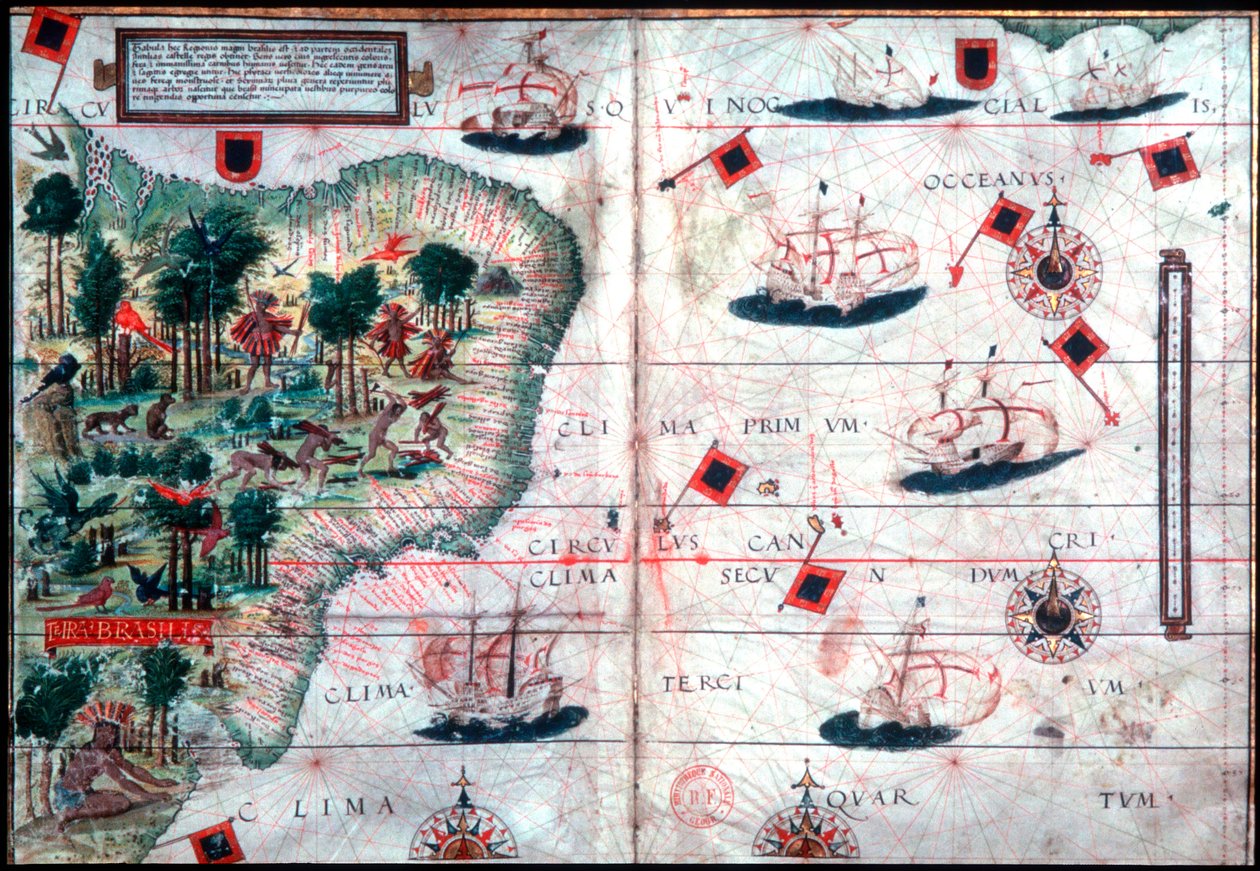 Kaart van Brazilië door Portugese zeevaarders Pedro Reinel en Lopo Homen, ca. 1525 door Pedro Reinel