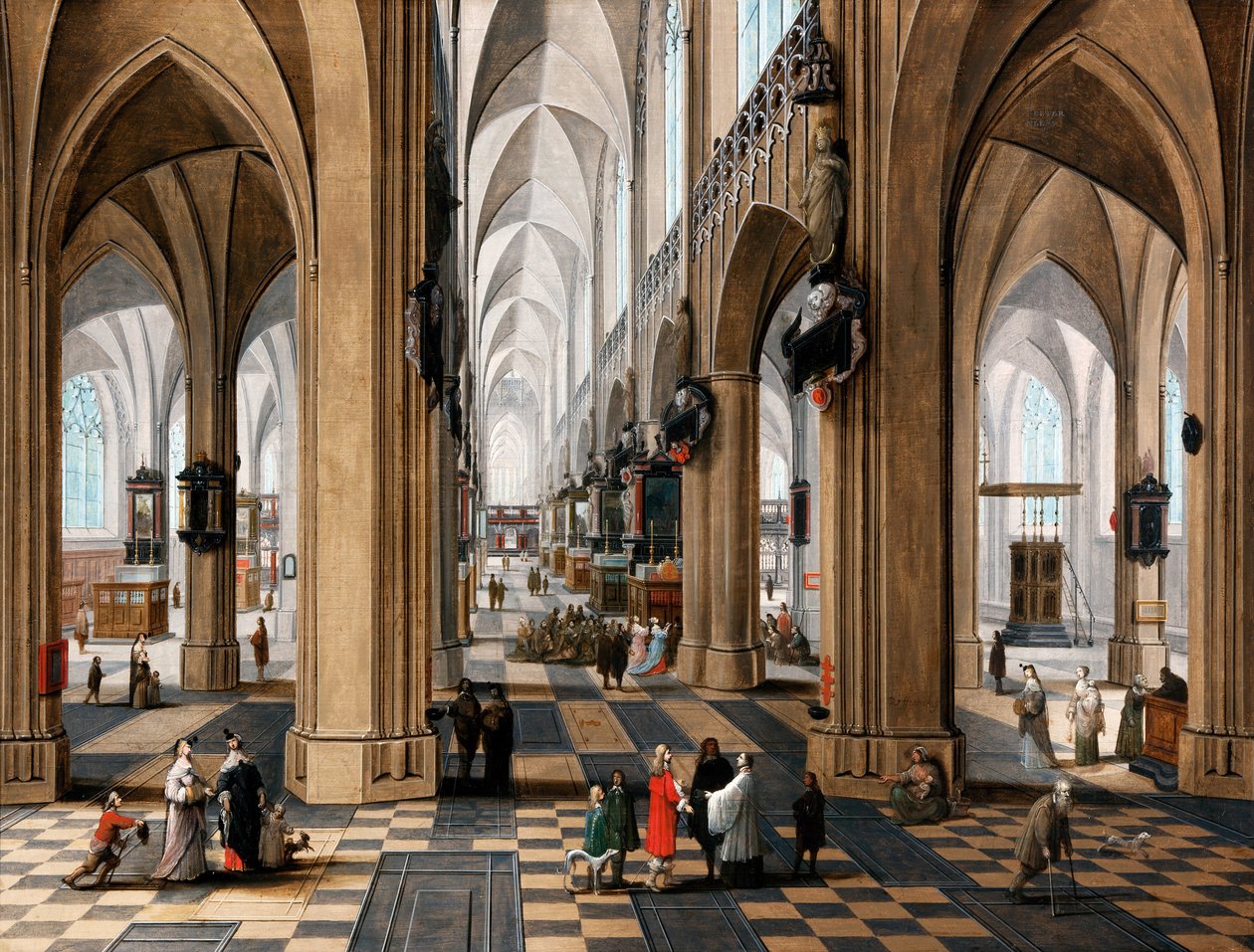 Een kerkinterieur met elegante figuren die wandelen en figuren die de mis bijwonen door Peeter the elder Neefs