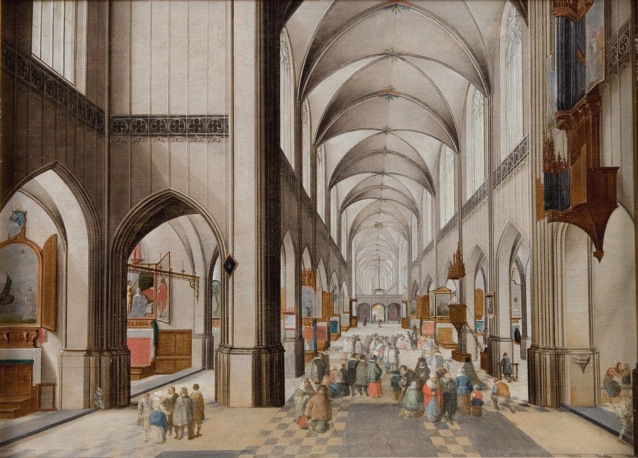 Interieur van een driebeukige gotische kerk tijdens een preek door Peeter Neeffs d.Æ.
