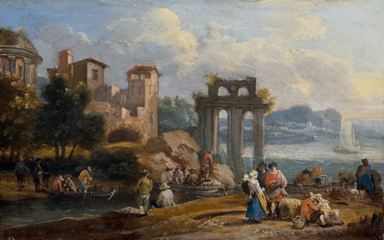 Figuren in een landschap rustend bij een ruïne door Peeter or Pieter Bout