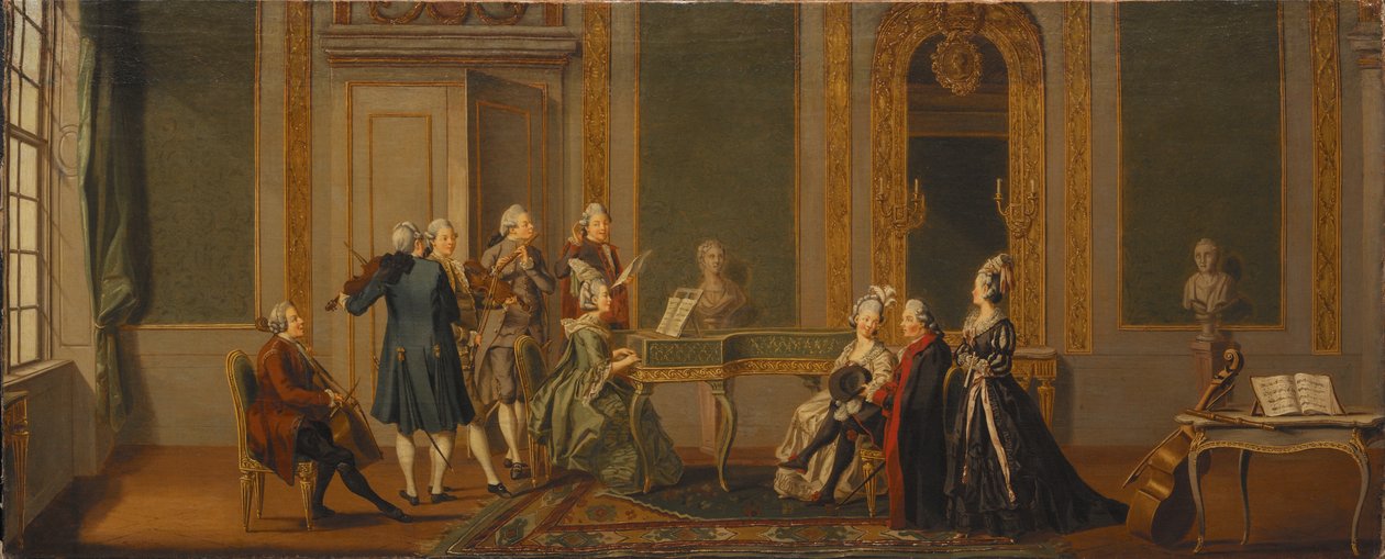 Gustaviaanse stijl interieur met een muzikaal gezelschap door Pehr Hilleström