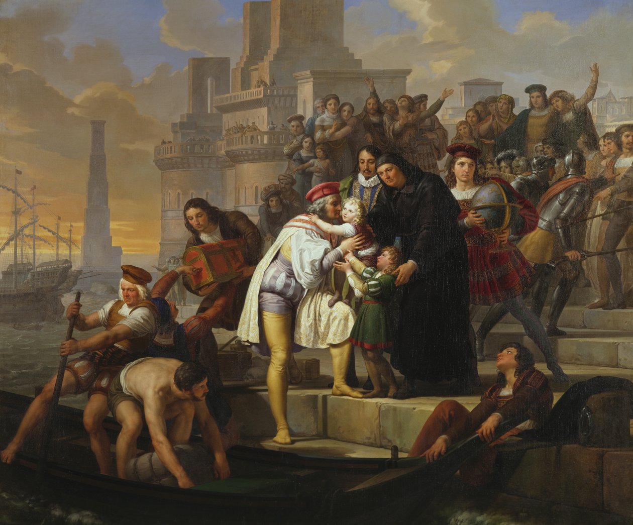 Christoffel Columbus omhelst zijn twee zonen en beveelt hen aan bij Vader Giovanni Perez voor vertrek uit Palos om Amerika te ontdekken door Pelagio Palagi