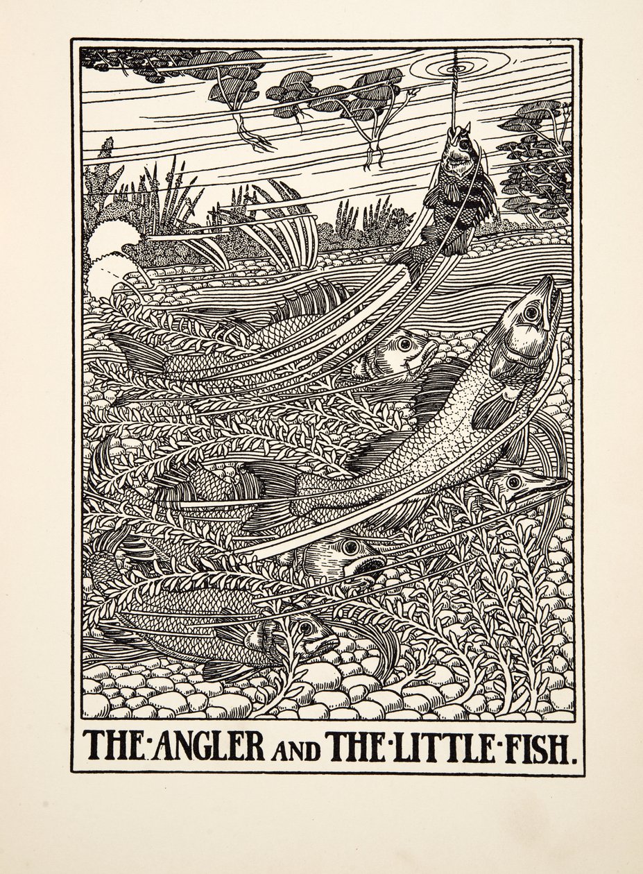 De Visser en het Kleine Visje, uit Honderd Fabels van Aesopus, uitgegeven 1903 (gravure) door Percy J. Billingshurst