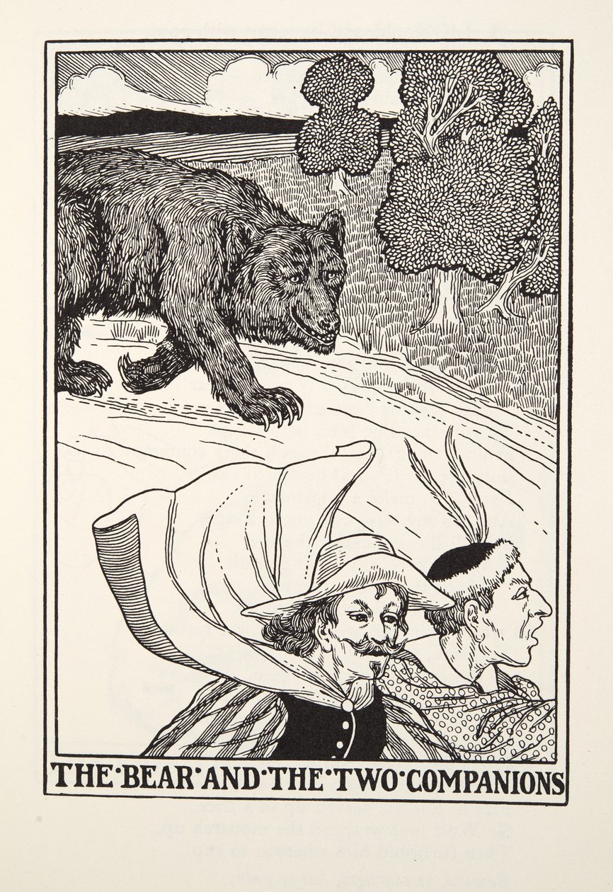De beer en de twee metgezellen, uit Fontaine Fabels, uitgegeven 1905 (gravure) door Percy J. Billingshurst