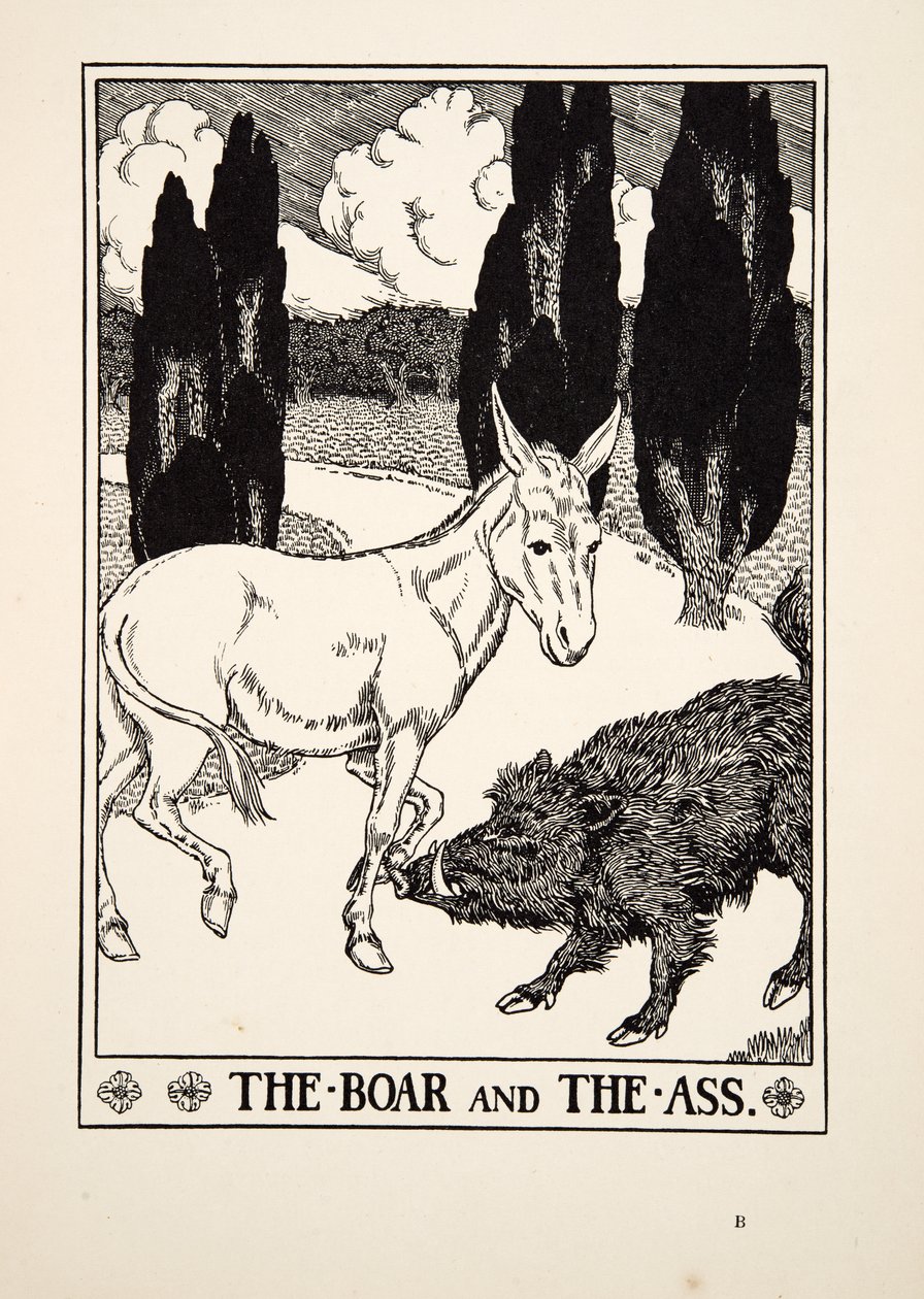 Het everzwijn en de ezel, uit Honderd fabels van Aesopus door Percy J. Billingshurst