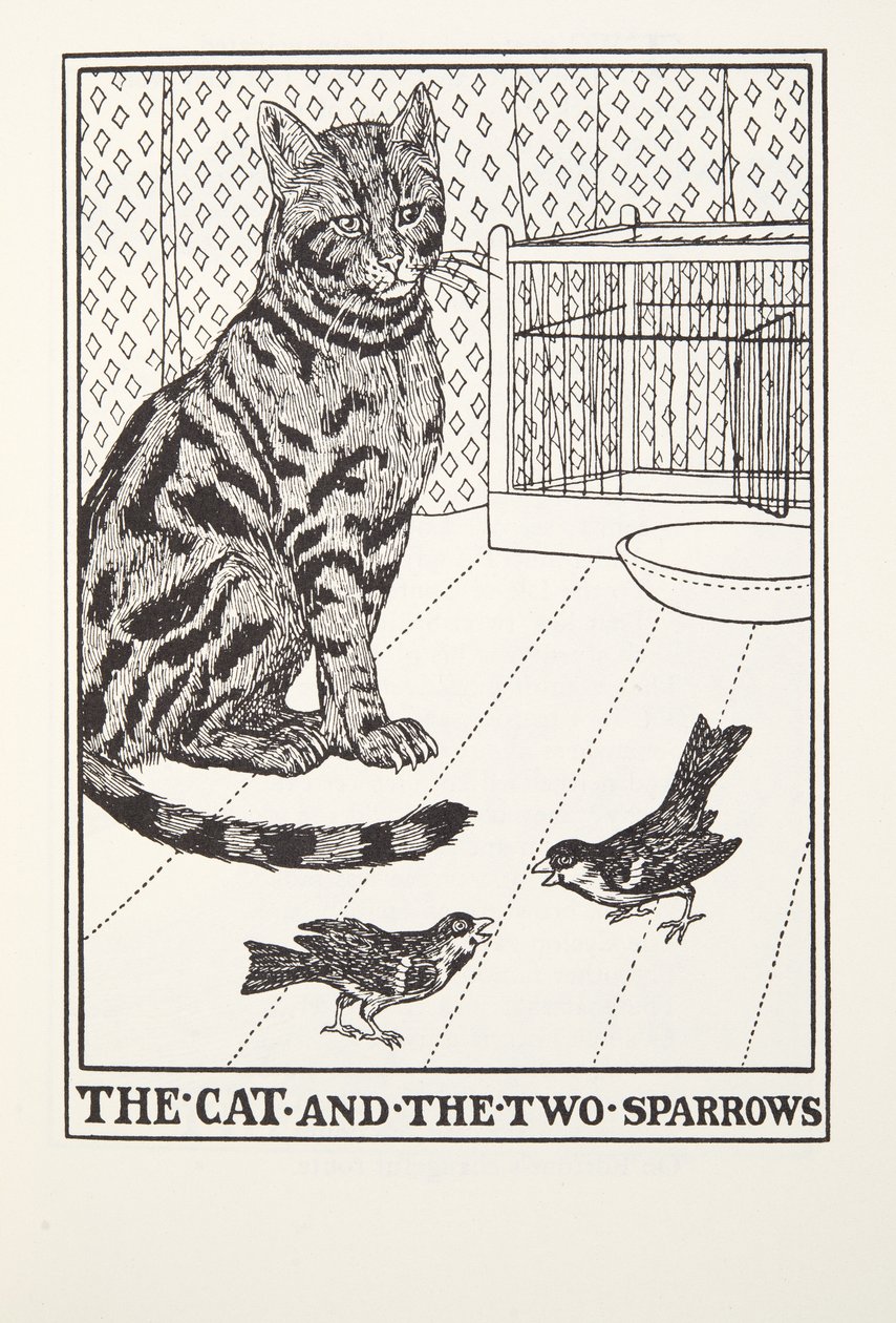 De Kat en de Twee Mussen, uit Fontaine Fabels, uitgegeven 1905 door Percy J. Billingshurst