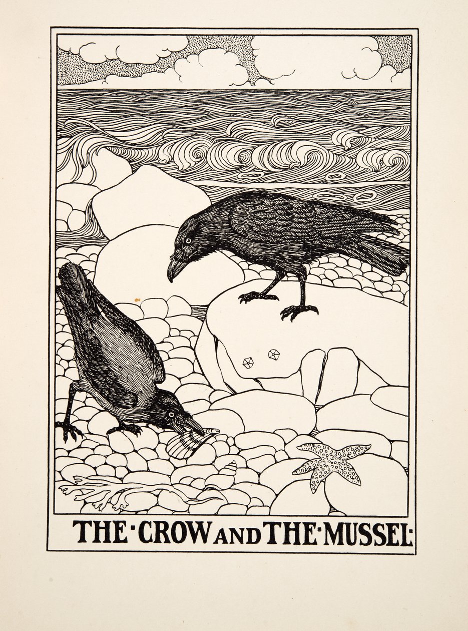 De kraai en de mossel, uit Honderd fabels van Aesopus door Percy J. Billingshurst