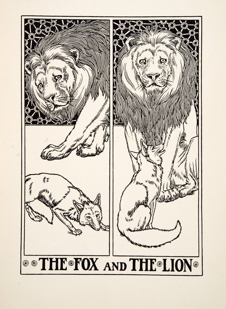 De vos en de leeuw, uit Honderd fabels van Aesopus, pub. 1903 door Percy J. Billingshurst