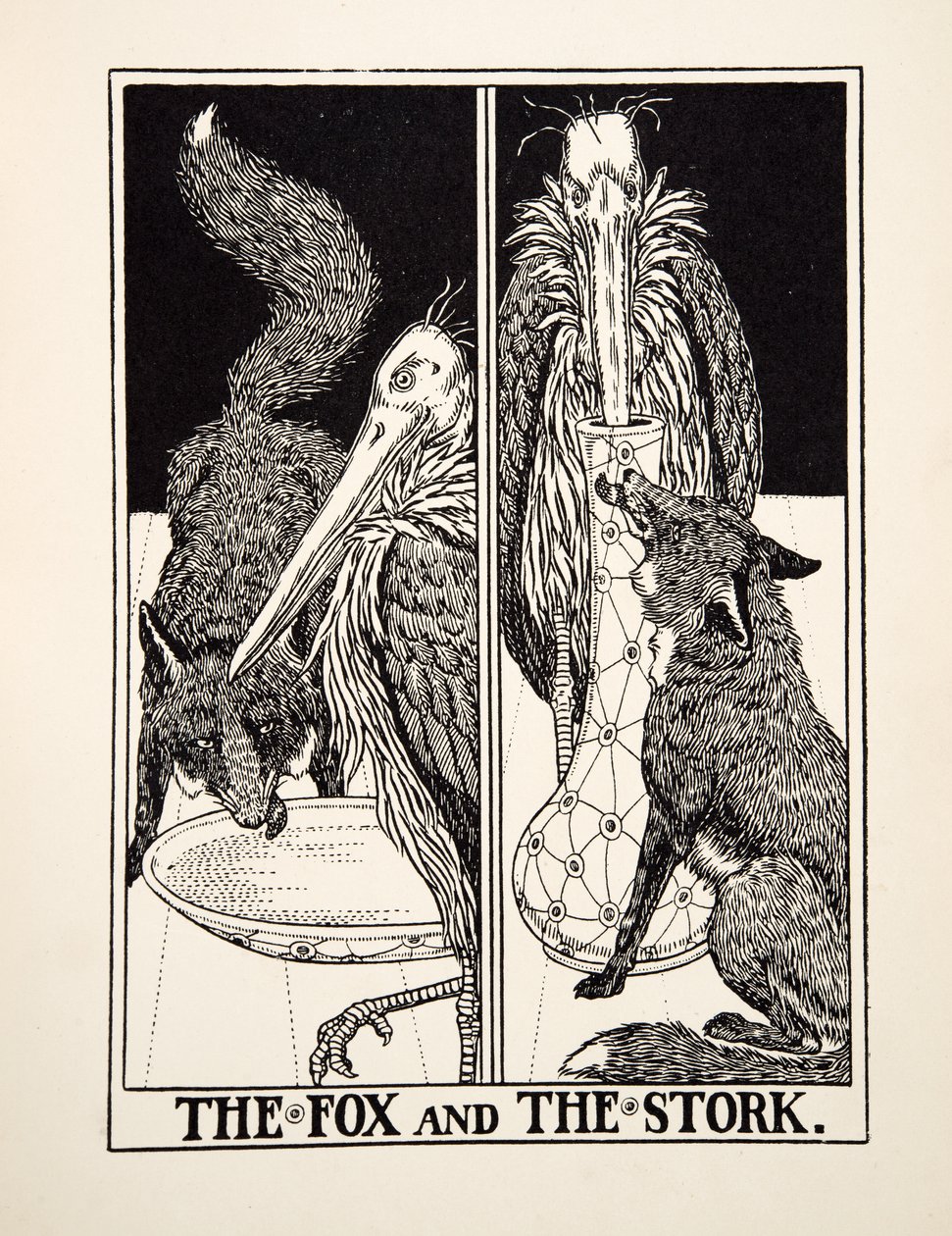 De vos en de ooievaar, uit Honderd fabels van Aesopus door Percy J. Billingshurst