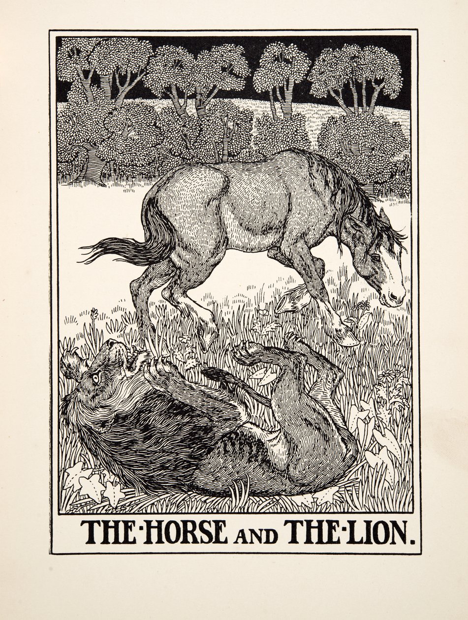 Het paard en de leeuw, uit Honderd fabels van Aesopus door Percy J. Billingshurst