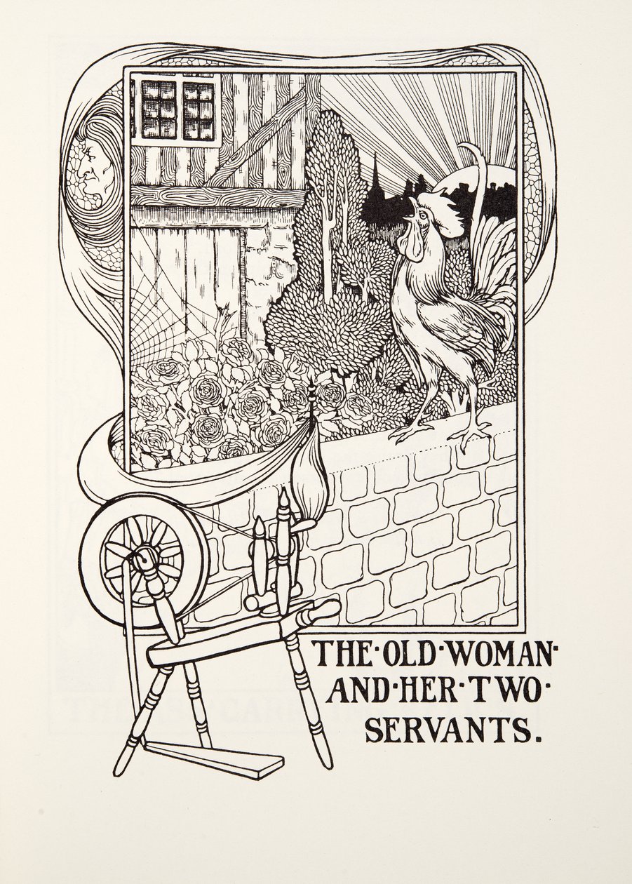 De Oude Vrouw en haar Twee Dienaren, uit Fontaine Fabels, uitgegeven 1905 (gravure) door Percy J. Billingshurst