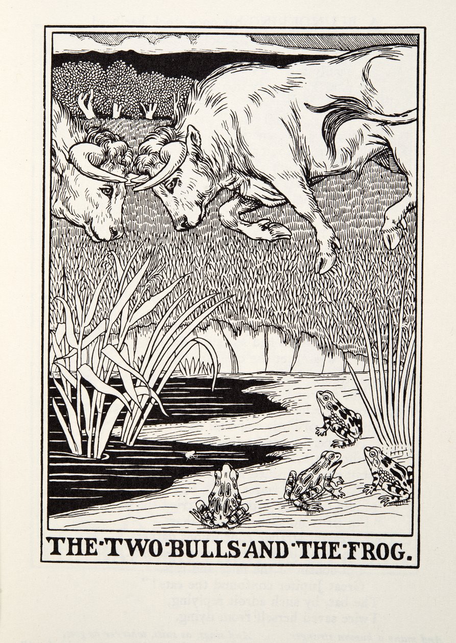 De twee stieren en de kikker, uit Fontaine Fabels, uitgegeven 1905 door Percy J. Billingshurst