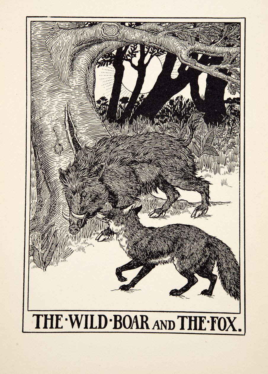 Het wilde zwijn en de vos, uit Honderd fabels van Aesopus, pub. 1903 door Percy J. Billingshurst