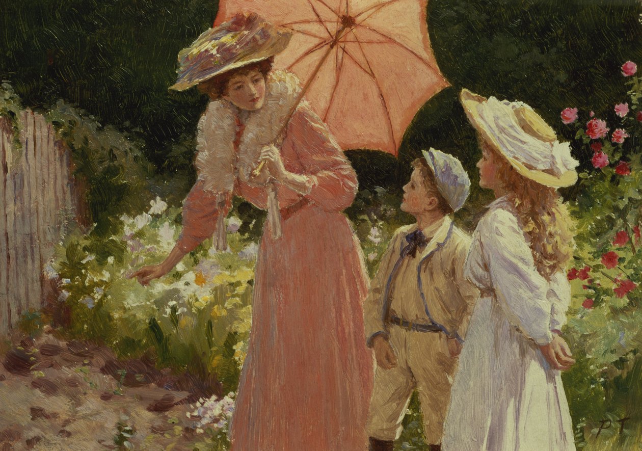 Een Dame met een Parasol die laat zien hoe je een Aardbeienvat maakt door Percy Tarrant