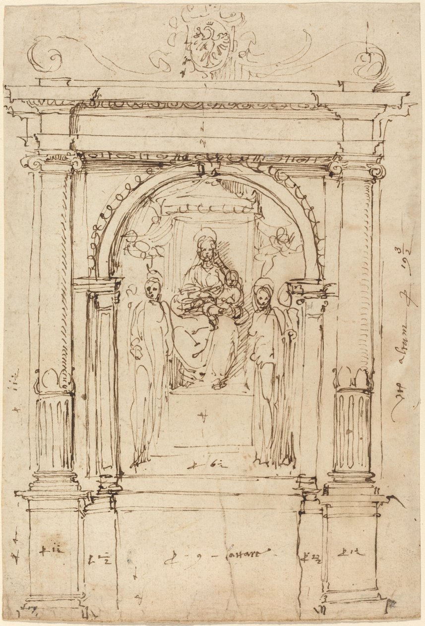 Altaarstuk van de Madonna en Kind met heiligen, in zijn architectonische setting door Perino del Vaga