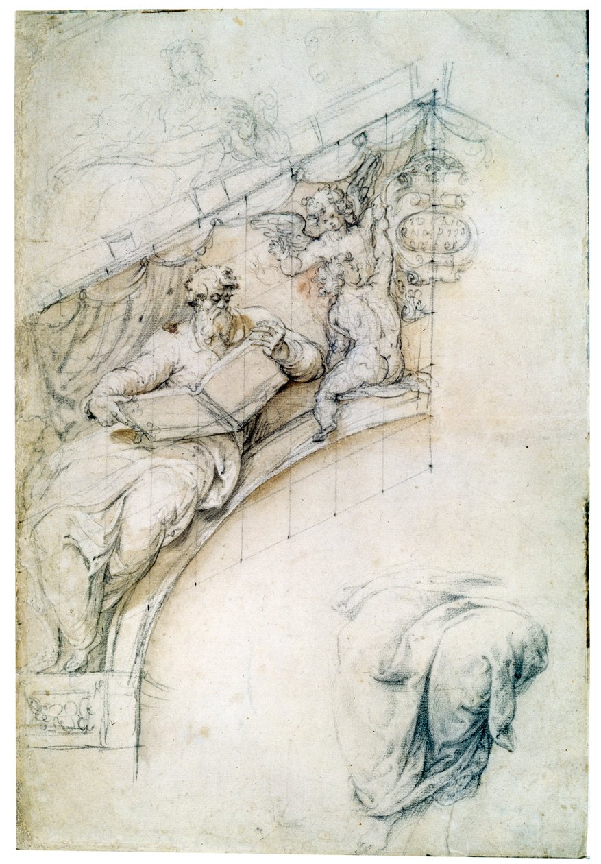 Decoratie van een muur boven een ingangboog met een profeet en twee putti, c1525 door Perino del Vaga
