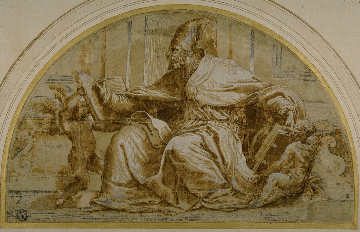 Zittende Kerkvader (Sint Augustinus?) met Putti door Perino del Vaga