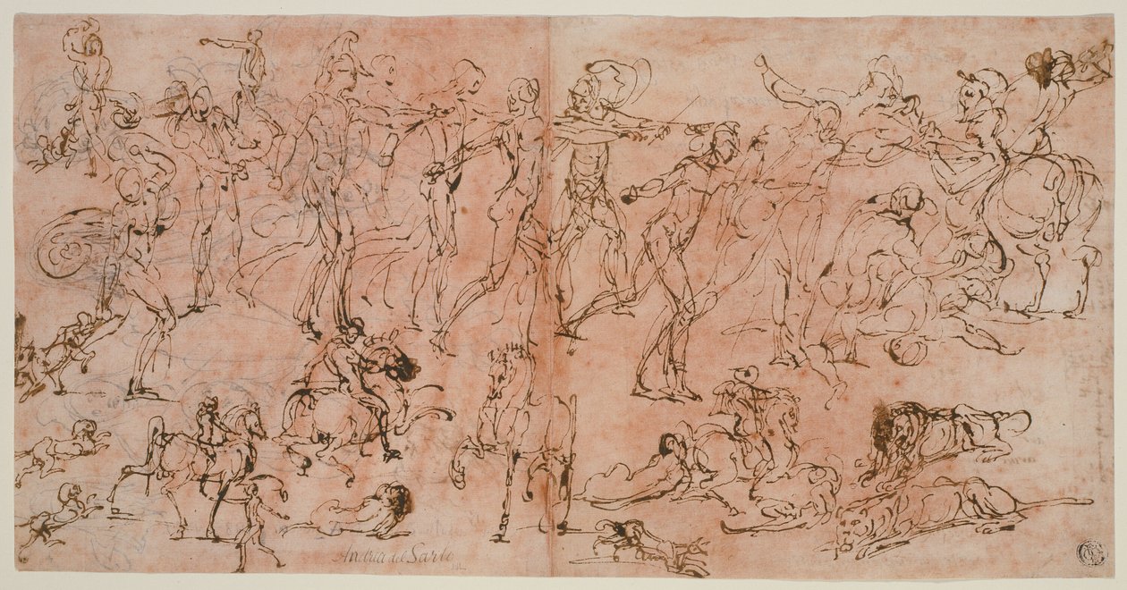 Studies van krijgers, ruiters en leeuwen (recto); Studies van hoofden en naaktfiguren, plafondplan en inscripties (verso) door Perino del Vaga