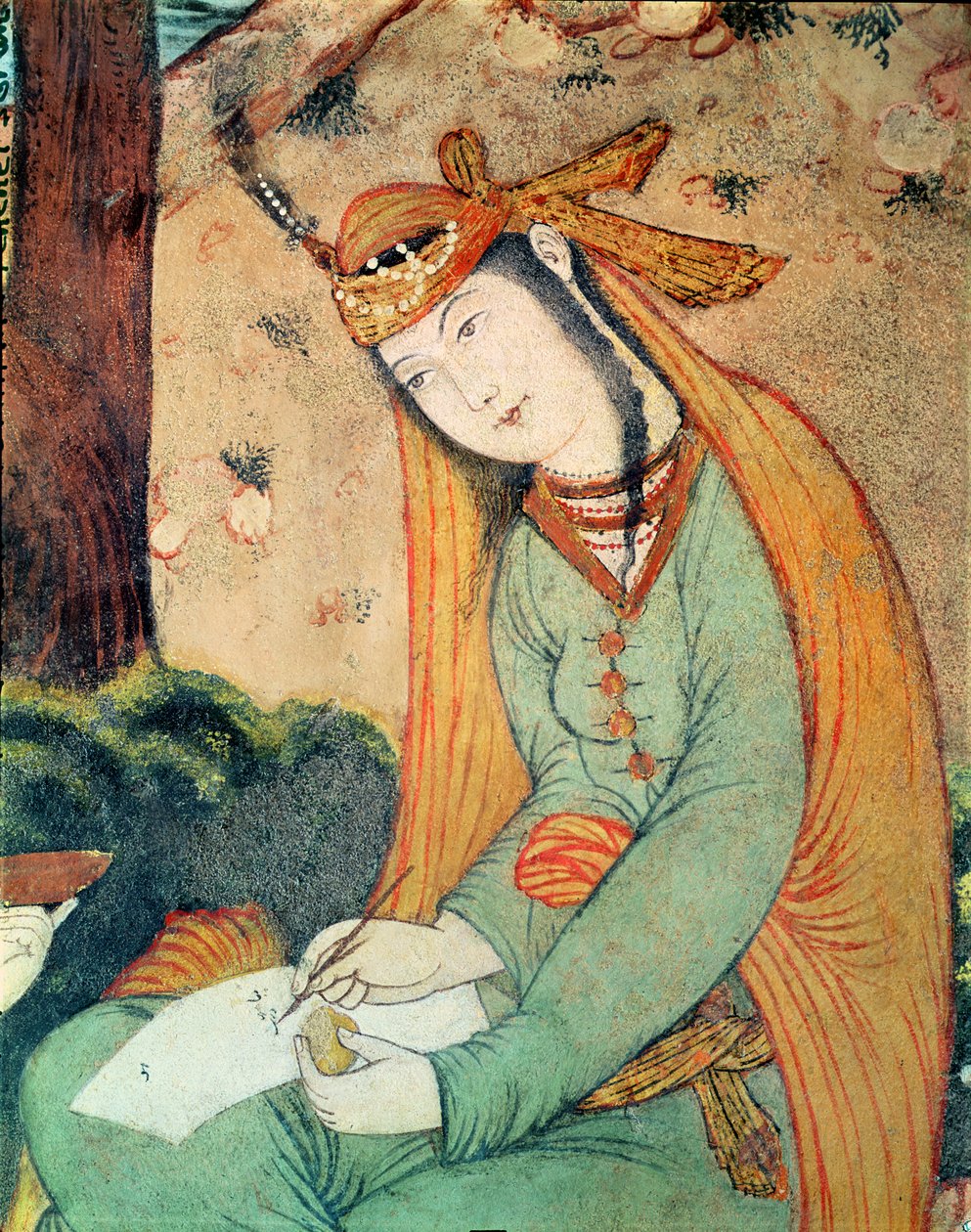 Vrouw die schrijft in het hof van Shah Abbas I (1571-1629) 1585-1627 door Persian School