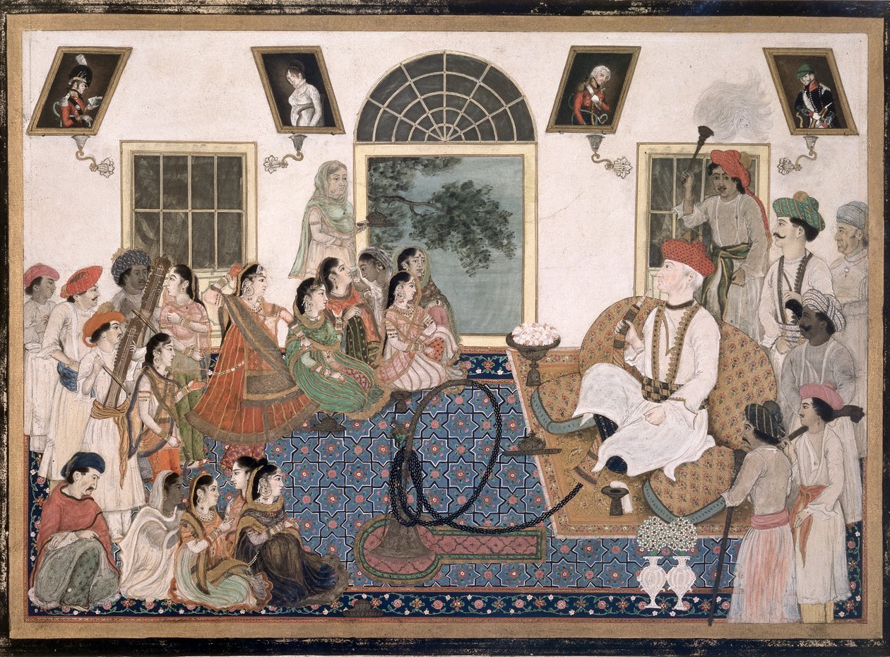 Een Europeaan, waarschijnlijk Sir David Ochterlony (1758-1825), in Indiase kleding, rookt een waterpijp en kijkt naar een nautch in zijn huis in Delhi, c.1820 door Persian School