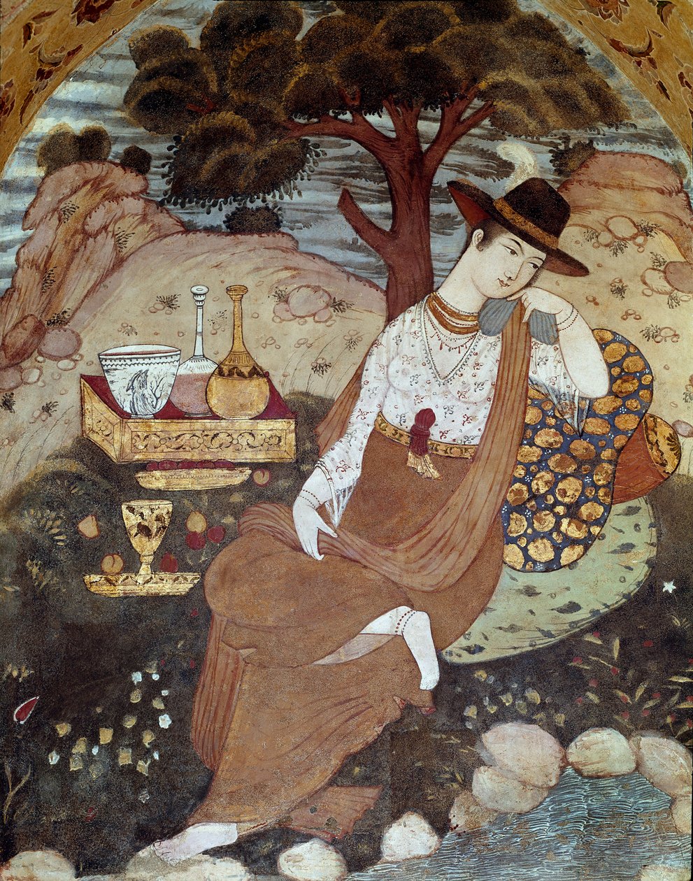 Een Perzische prinses onder het bewind van Abbas I, rustend. 17e eeuw. Fresco uit het Paleis van de 40 Kolommen (Chehel Sotoun) in Isfahan, Iran. door Persian School