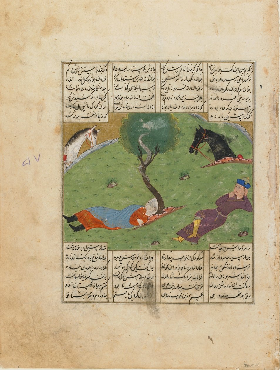 Folio uit een Shahnama (Boek der Koningen) door Firdawsi (gest. 1020); recto: Nushirwans droom, Iran, ca. 1440 door Persian School